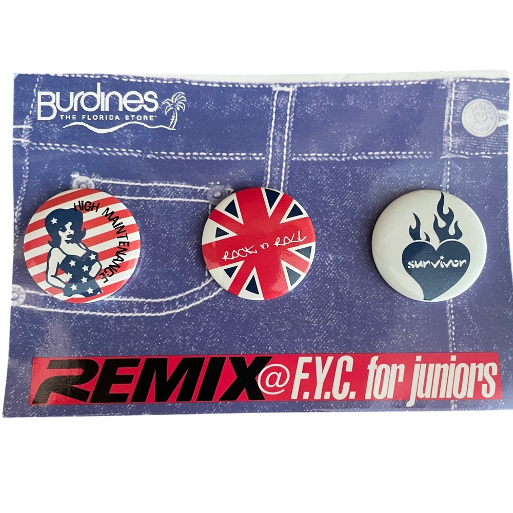 Vintage 3 Pack Pins Y2K Pinback Buttons Survivor Rock N Roll High Maintenance